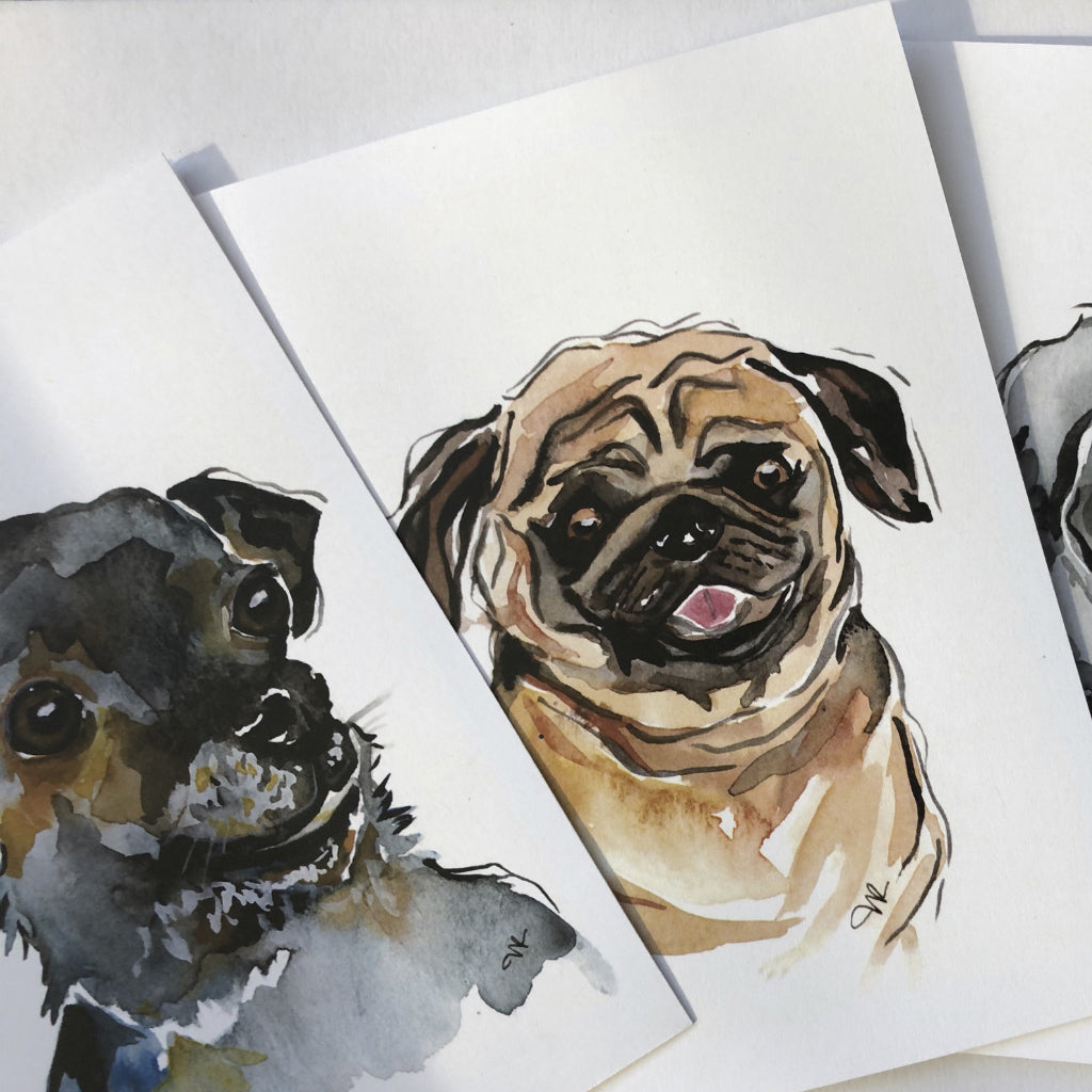 4x5 Watercolor Dog Print Note Cards Pug 2
