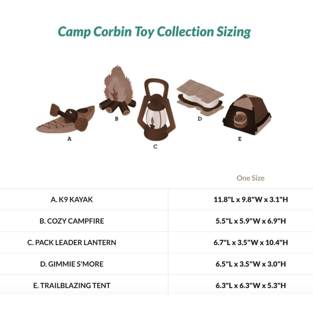 P.L.A.Y. Camp Corbin Dog Toy 5 Piece Set size chart