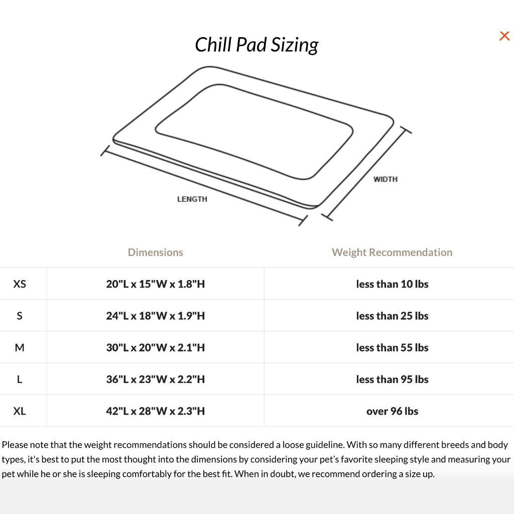 size chart for P.L.A.Y. Coastal Chill Dog Pad