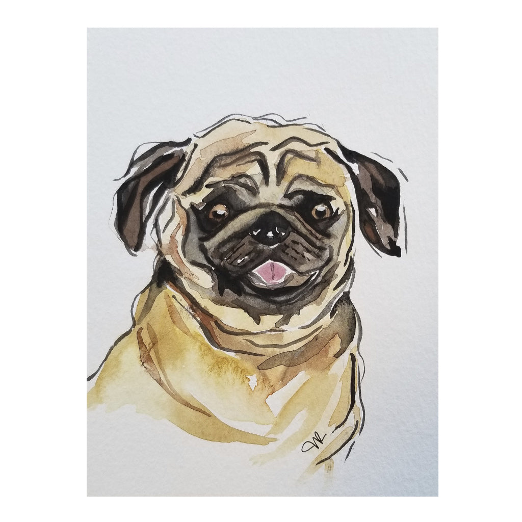 5x7 Watercolor Original Dog Portraits Pug