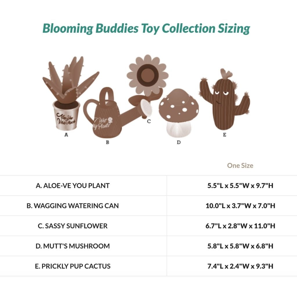 P.L.A.Y. Blooming Buddies Dog Toy 5 Piece Set size chart